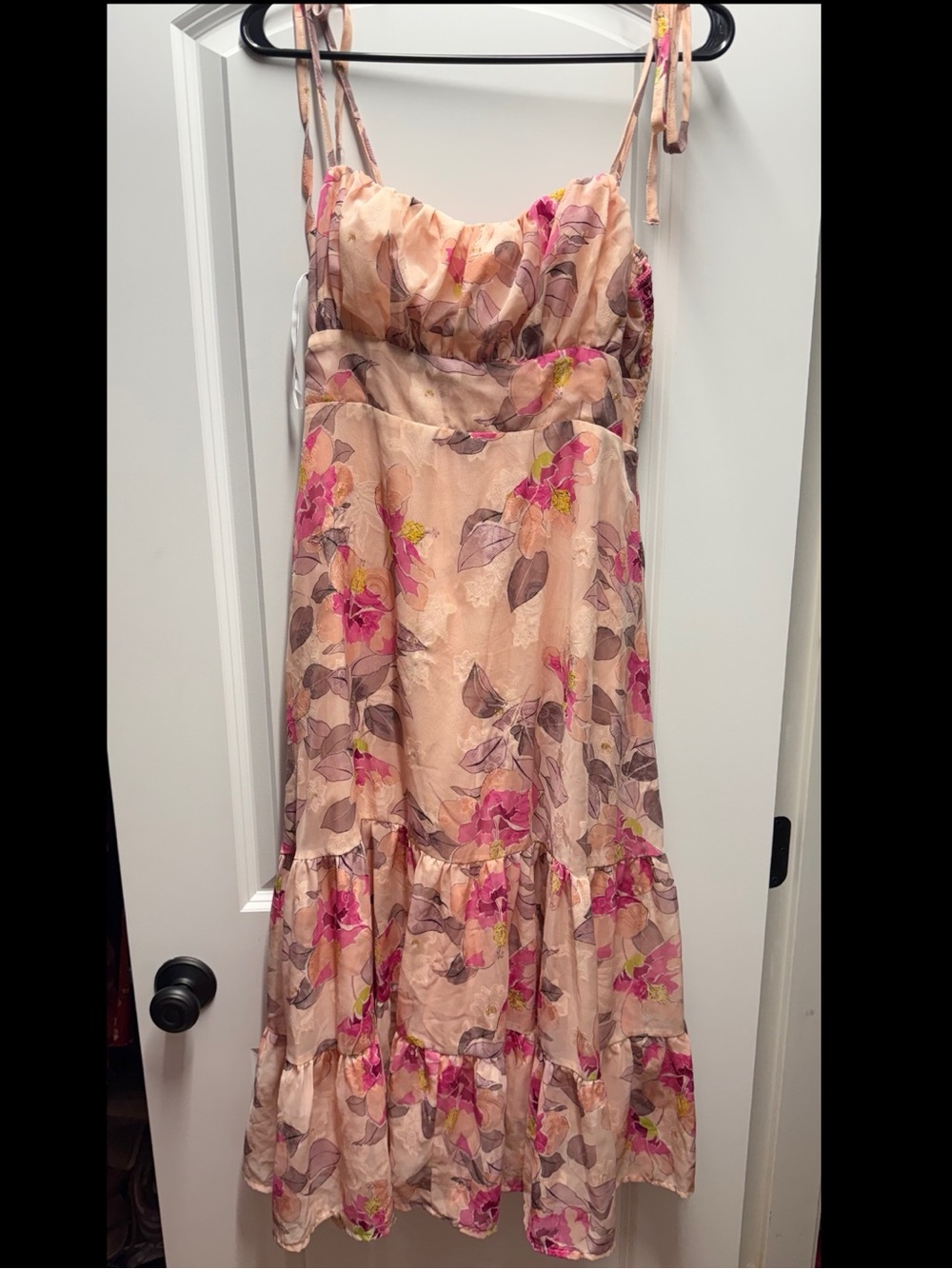 Lulu's Blush Pink Floral Tie-Shoulder Midi Dress